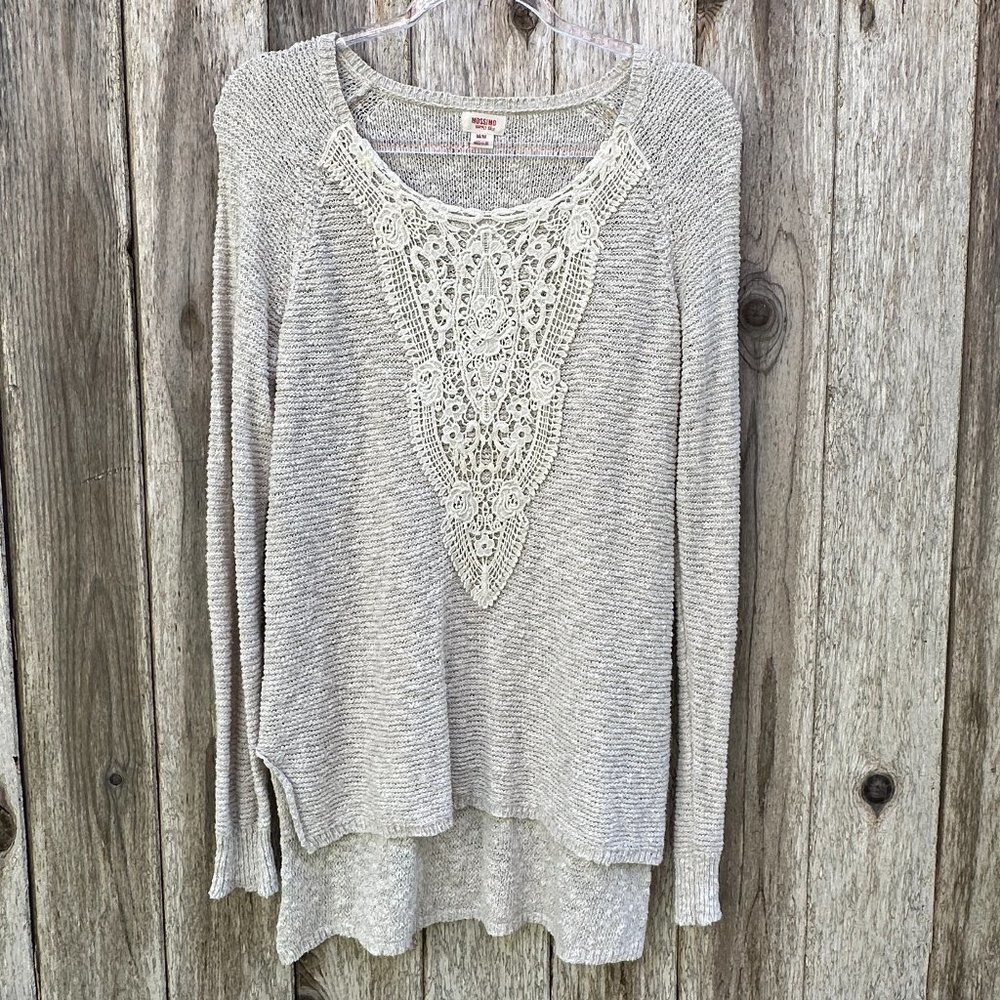 Mossimo Cream Longline Lace Embellished Long Sleeve Top Medium